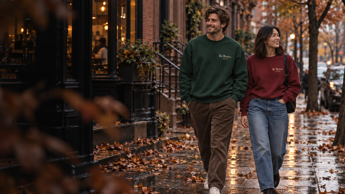 Friends in Fall Be Better sweatshirts on a city street