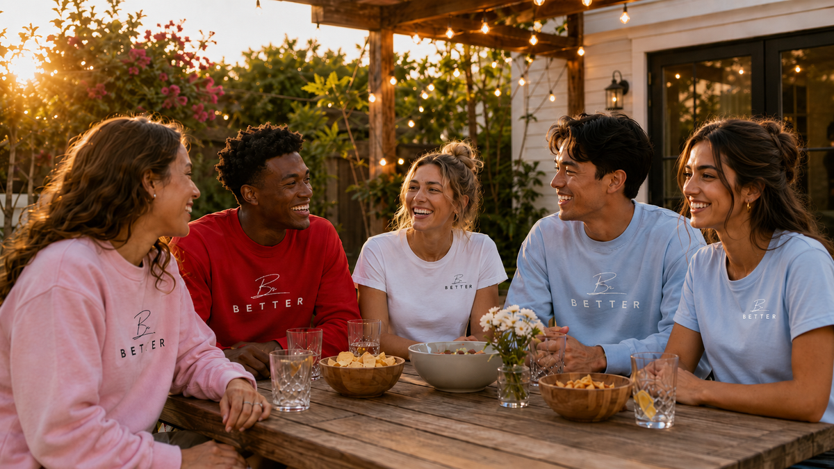 Project Be Better community wearing Be Better apparel around an outdoor table