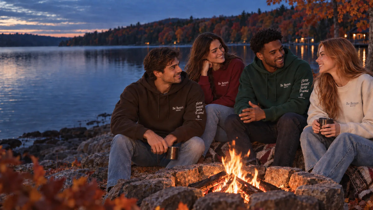 Four friends beside a fire in the Fall 2026 Be Better campaign